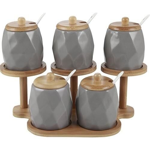 Acar 10881 Loyal 5li Bambu Standlı Bombeli Porselen Baharat Takımı - Bej