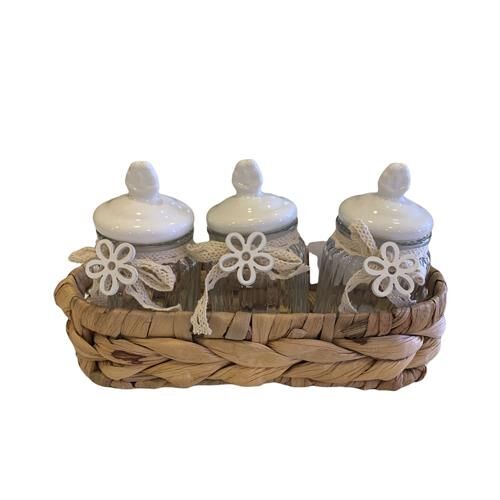 Acar 11097 Bella 3'lü Hasır Sepet Porselen Beyaz Kapaklı Bombeli Cam Kavanoz 130 Ml