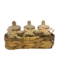 Acar 11097 Bella 3'lü Hasır Sepet Porselen Bej Kapaklı Bombeli Cam Kavanoz 130 Ml