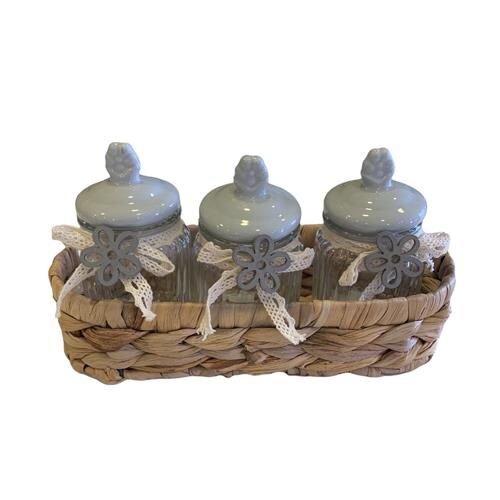 Acar 11097 Bella 3'lü Hasır Sepet Porselen Gri Kapaklı Bombeli Cam Kavanoz 130 Ml