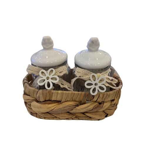 Acar 11098 Bella 2'li Hasır Sepet Porselen Beyaz Kapaklı Bombeli Cam Kavanoz 130 Ml