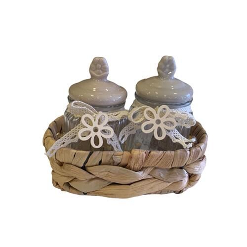 Acar 11098 Bella 2'li Hasır Sepet Porselen Bej Kapaklı Bombeli Cam Kavanoz 130 Ml
