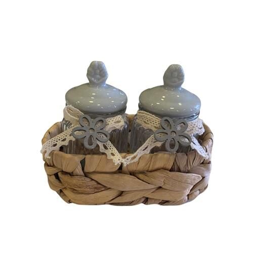 Acar 11098 Bella 2'li Hasır Sepet Porselen Gri Kapaklı Bombeli Cam Kavanoz 130 Ml