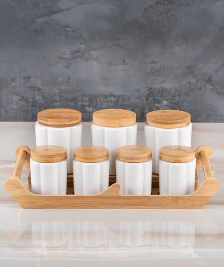 Acar 9167 Bambu Standlı 7 Li Porselen Baharat Takımı