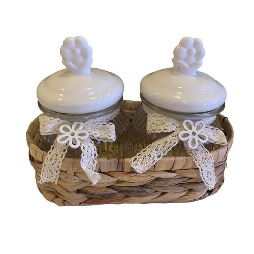 Acar 11101 Bella 2'li Hasır Sepet Porselen Beyaz Kapaklı Bombeli Cam Kavanoz 320 Ml