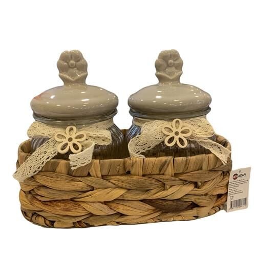 Acar 11101 Bella 2'li Hasır Sepet Porselen Bej Kapaklı Bombeli Cam Kavanoz 320 Ml