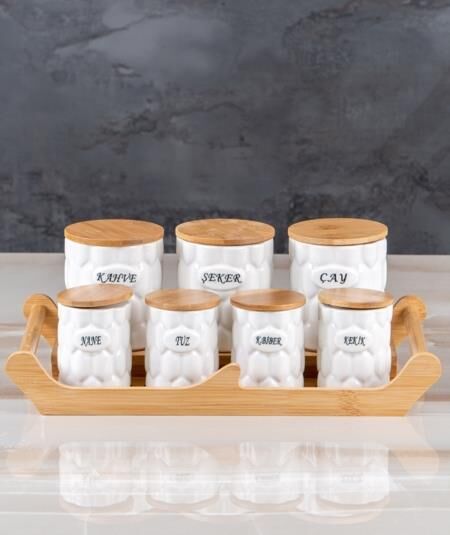 Acar 9167-2 Bambu Standlı 7 Li Porselen Baharat Takımı