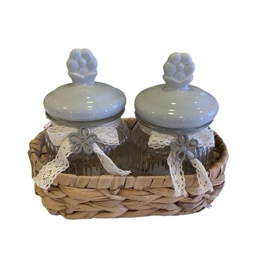 Acar 11101 Bella 2'li Hasır Sepet Porselen Gri Kapaklı Bombeli Cam Kavanoz 320 Ml