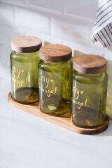 Acar 7936 Pierre 3 Lü Akasya Ahşap Kapak ve Tepsili Kavanoz Seti - Green