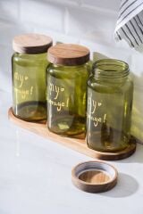 Acar 7936 Pierre 3 Lü Akasya Ahşap Kapak ve Tepsili Kavanoz Seti - Green