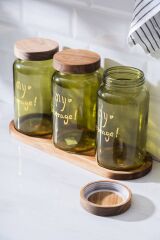 Acar 7936 Pierre 3 Lü Akasya Ahşap Kapak ve Tepsili Kavanoz Seti - Green