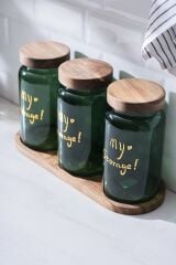 Acar 7936 Pierre 3 Lü Akasya Ahşap Kapak ve Tepsili Kavanoz Seti - Dark Green