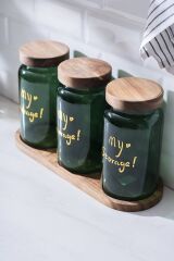 Acar 7936 Pierre 3 Lü Akasya Ahşap Kapak ve Tepsili Kavanoz Seti - Dark Green