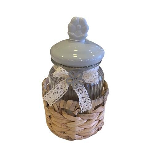 Acar 11100 Bella Tekli Hasır Sepet Porselen Gri Kapaklı Bombeli Cam Kavanoz 320 Ml