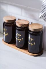 Acar 7936 Pierre 3 Lü Akasya Ahşap Kapak ve Tepsili Kavanoz Seti - Amber