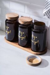 Acar 7936 Pierre 3 Lü Akasya Ahşap Kapak ve Tepsili Kavanoz Seti - Amber