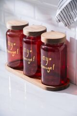 Acar 7936 Pierre 3 Lü Akasya Ahşap Kapak ve Tepsili Kavanoz Seti - Red