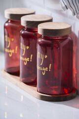 Acar 7936 Pierre 3 Lü Akasya Ahşap Kapak ve Tepsili Kavanoz Seti - Red