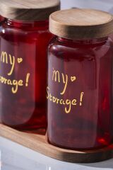 Acar 7936 Pierre 3 Lü Akasya Ahşap Kapak ve Tepsili Kavanoz Seti - Red