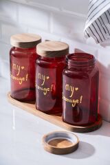 Acar 7936 Pierre 3 Lü Akasya Ahşap Kapak ve Tepsili Kavanoz Seti - Red