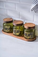 Acar 7937 Pierre 3 Lü Akasya Ahşap Kapak ve Tepsili Kavanoz Seti 12 Cm - Green