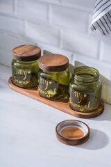 Acar 7937 Pierre 3 Lü Akasya Ahşap Kapak ve Tepsili Kavanoz Seti 12 Cm - Green
