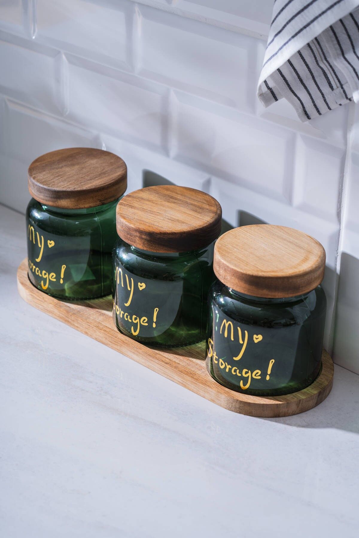 Acar 7937 Pierre 3 Lü Akasya Ahşap Kapak ve Tepsili Kavanoz Seti 12 Cm - Dark Green