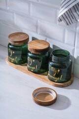 Acar 7937 Pierre 3 Lü Akasya Ahşap Kapak ve Tepsili Kavanoz Seti 12 Cm - Dark Green