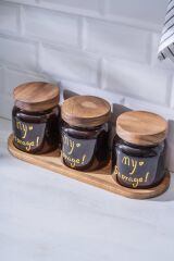 Acar 7937 Pierre 3 Lü Akasya Ahşap Kapak ve Tepsili Kavanoz Seti 12 Cm - Amber