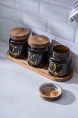 Acar 7937 Pierre 3 Lü Akasya Ahşap Kapak ve Tepsili Kavanoz Seti 12 Cm - Amber