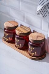 Acar 7937 Pierre 3 Lü Akasya Ahşap Kapak ve Tepsili Kavanoz Seti 12 Cm - Red