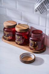 Acar 7937 Pierre 3 Lü Akasya Ahşap Kapak ve Tepsili Kavanoz Seti 12 Cm - Red