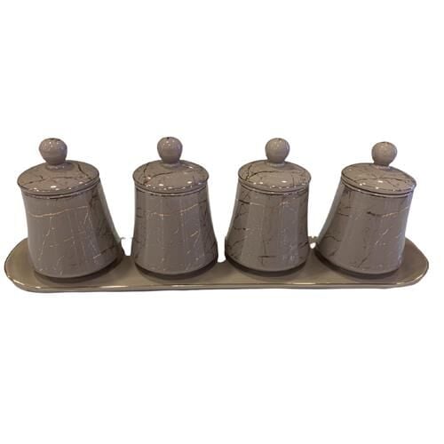 Acar 10587 Porselen Tepsili 4 Lü Baharat Seti Kahverengi