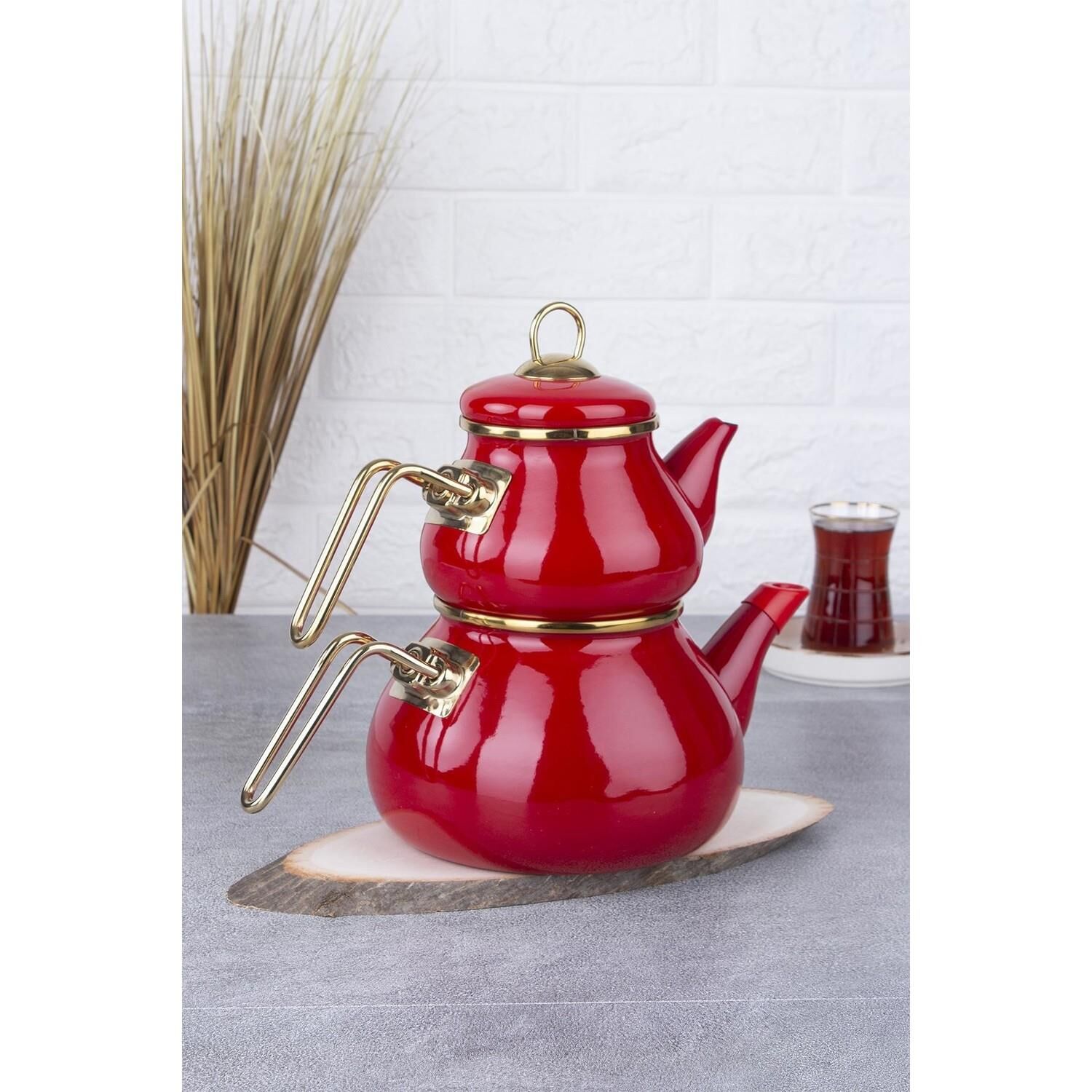 Acar 12365 Qualita Roly&Poly Tombul Emaye Çaydanlık Takımı Kırmızı