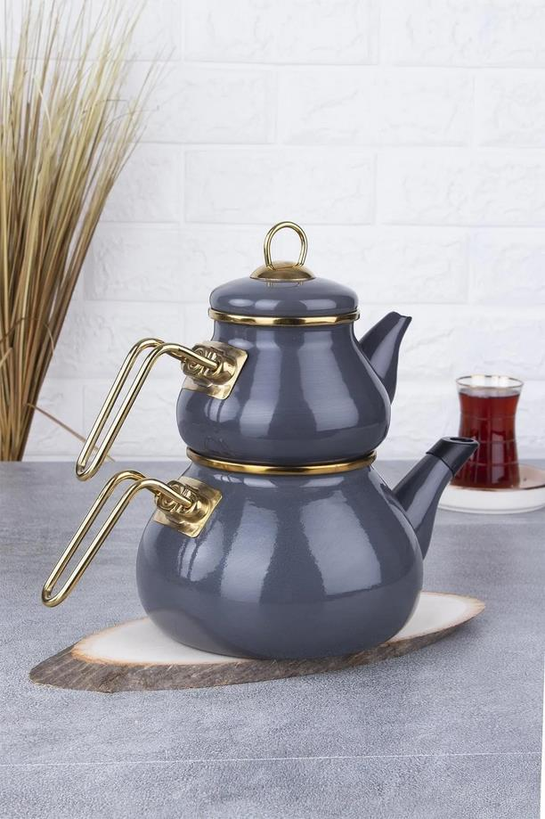 Acar 12361 Qualita Roly&Poly Tombul Emaye Çaydanlık Takımı Gri