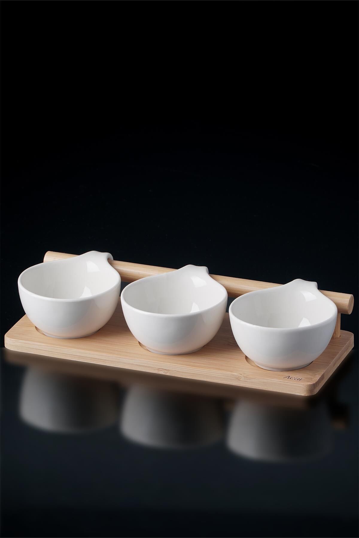 Acar 10138 La Pure 3'lü Bambu Standlı Geniş Yuvarlak Porselen Sosluk - 26.6 Cm