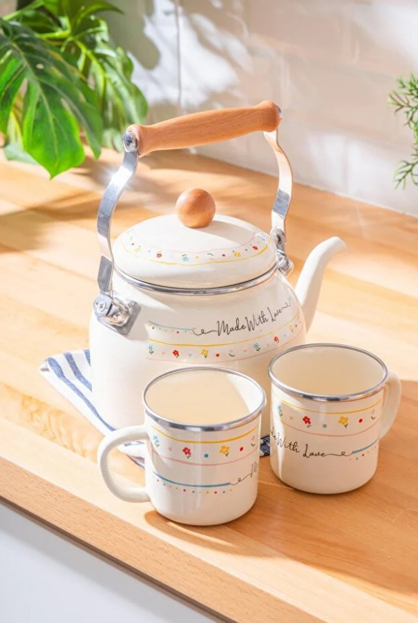 Acar 7781 Made With Love Emaye Kettle Kuğu Model 2.5 Lt + 2 Kupa