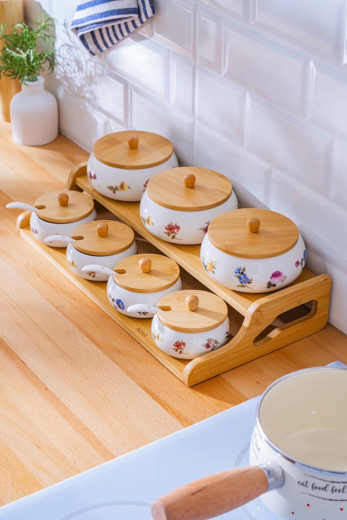 Acar 8076 Leandra 7 Li Ahşap Standlı Baharat Takımı