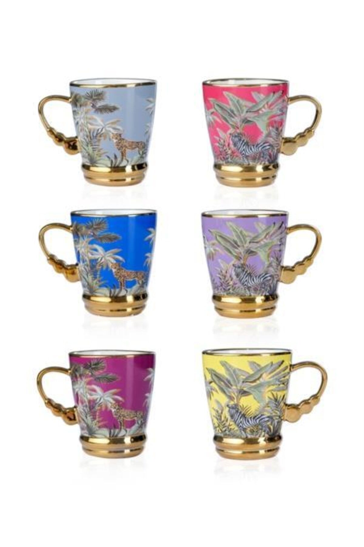 Acar 84 Cheetra Gold Çiçek Desen Renkli 220 ml 6 Lı Porselen Kupa Takımı