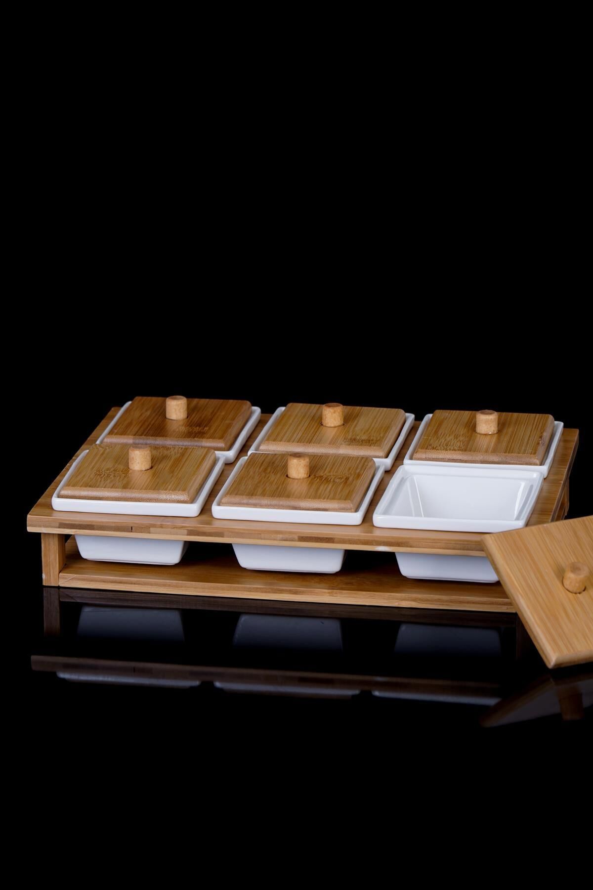 Acar 10163 6'lı Bambu Standlı Porselen Kahvaltılık