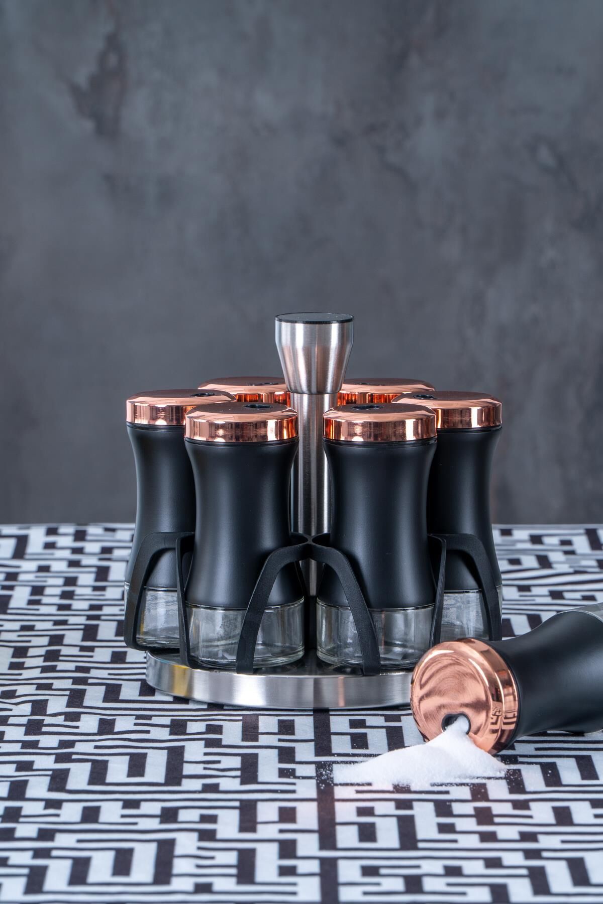 Acar 12013 6lı Dönerli Metal Standlı Yuvarlak Cam Baharat Takımı