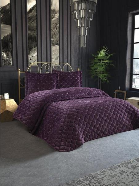 Pololife Defne Mor Kadife Nakışlı Yatak Örtüsü Tek Kişilik