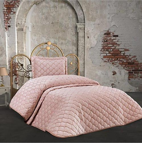 Pololife Defne Pudra Kadife Nakışlı Yatak Örtüsü Tek Kişilik