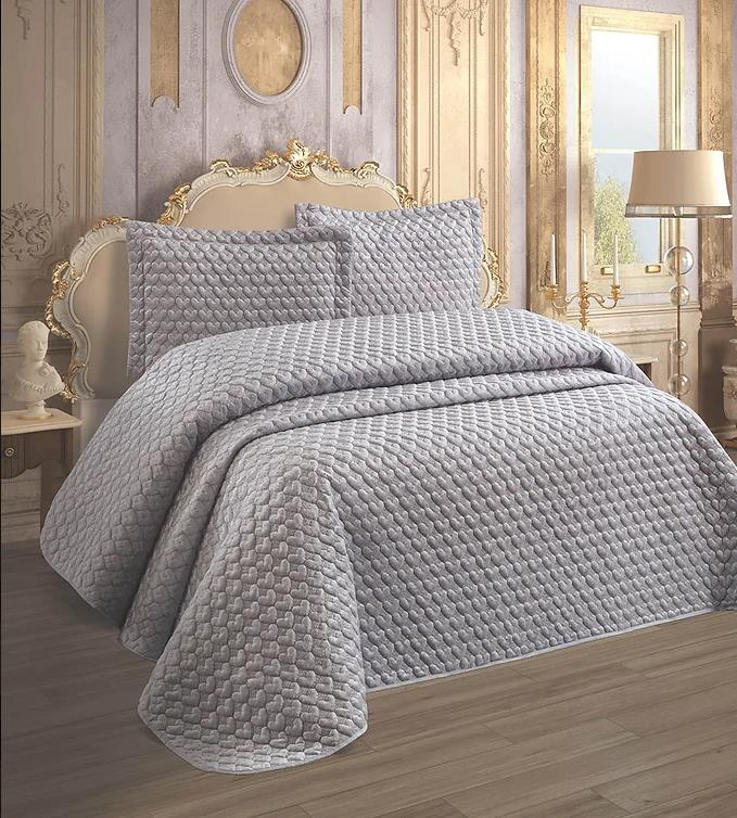 Pololife İstanbul Gri Kadife Nakışlı Yatak Örtüsü Tek Kişilik