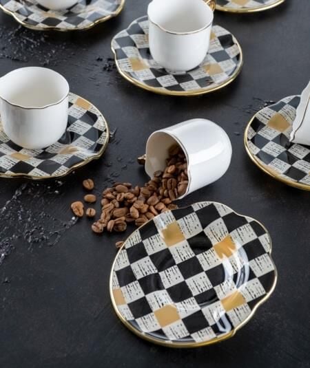 Acar 276 Enzo Chess 6 Kişilik Cam Tabaklı Porselen Kahve Fincanı Takımı