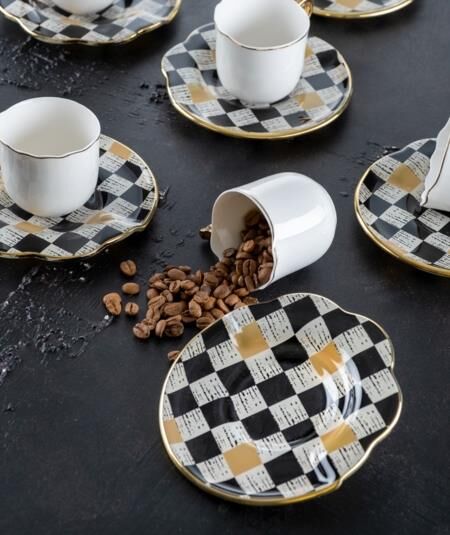 Acar 276 Enzo Chess 6 Kişilik Cam Tabaklı Porselen Kahve Fincanı Takımı