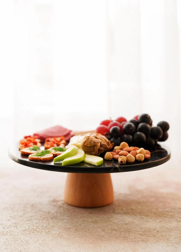 The Mia MER0003 Marbre Mermer 25 Cm Ahşap Ayaklı Siyah Servis