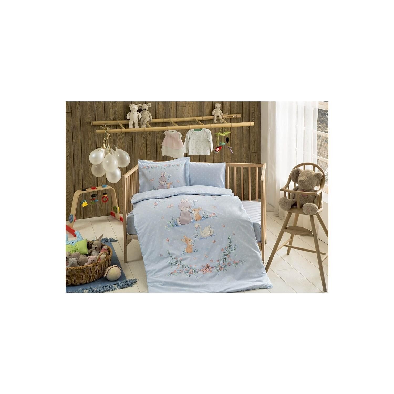 Taç Happy Bunny Mavi Gri Organik Bebek Nevresim Takımı