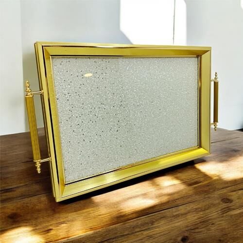 Kosova A-596 Kulplu Taşlı Dikdörtgen Tepsi Altın - Sedef Taş 50*31 Cm