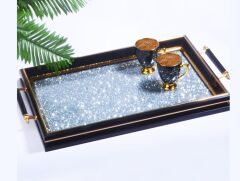 Kosova SA-591 Kulplu Taşlı Dikdörtgen Tepsi Siyah - Gümüş 50*31 Cm